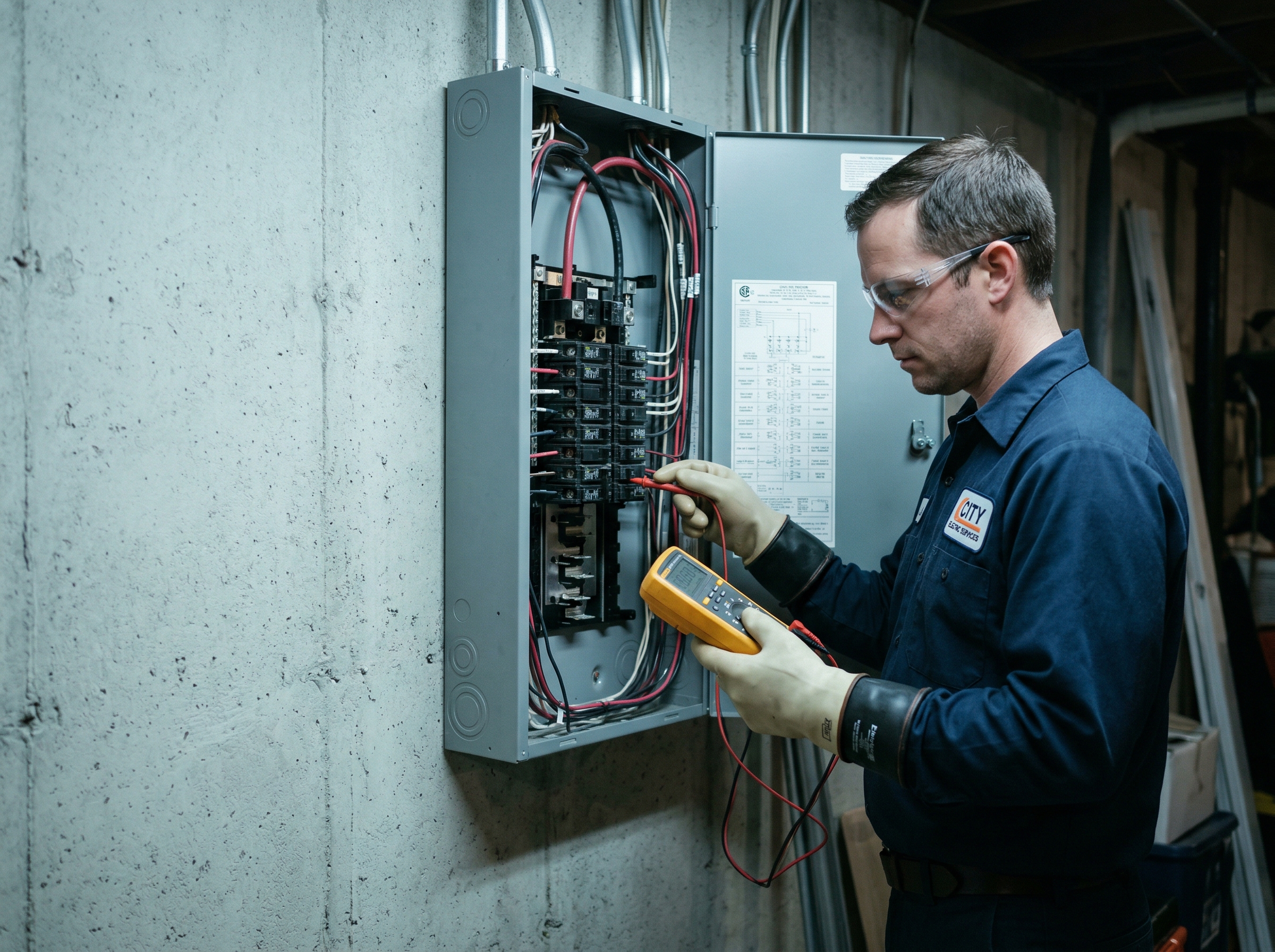 Electrician working on breaker panel
