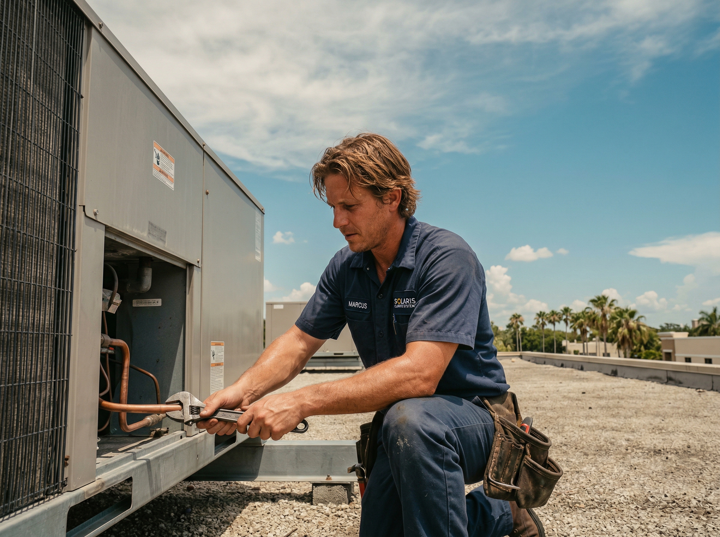 HVAC technician working on rooftop AC unit