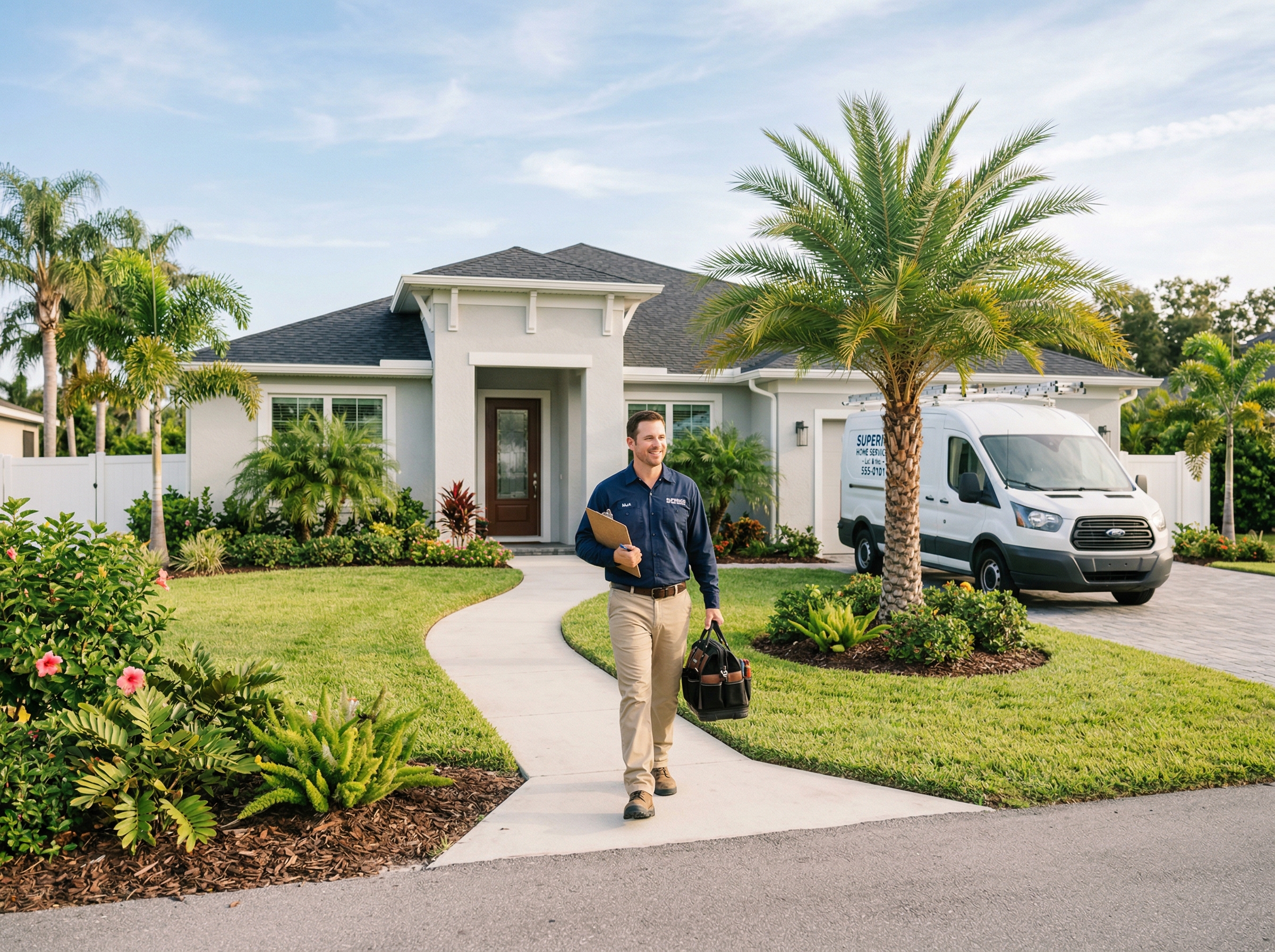 Contractor approaching Florida home with tool bag
