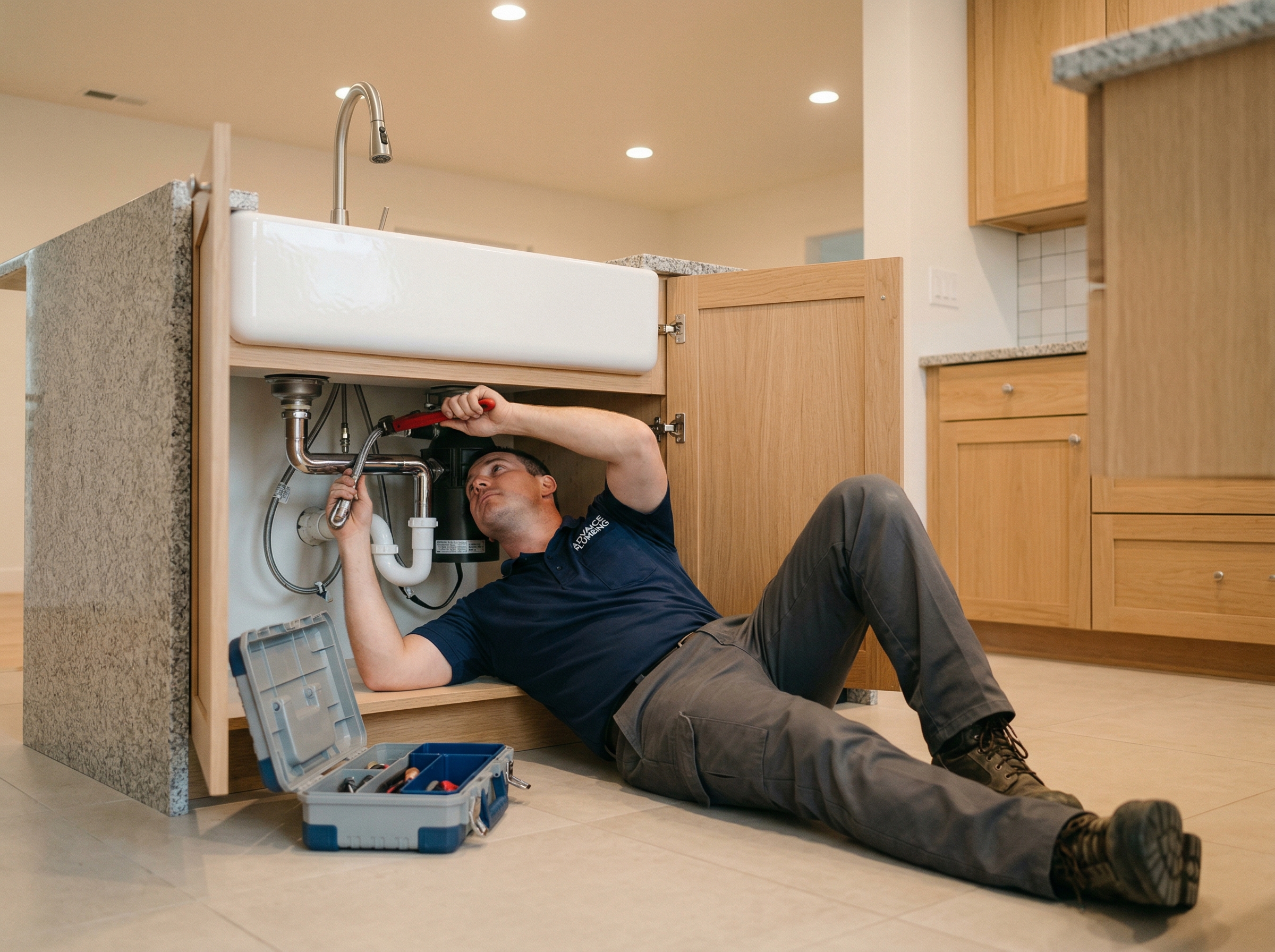 Plumber working under kitchen sink
